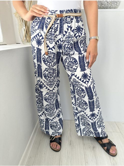 Nem rugalmas anyagú, lenvászon hatású, gumis derekú, egyenes szárú, lenge öves nadrág. (XS-M méretre ajánljuk.)