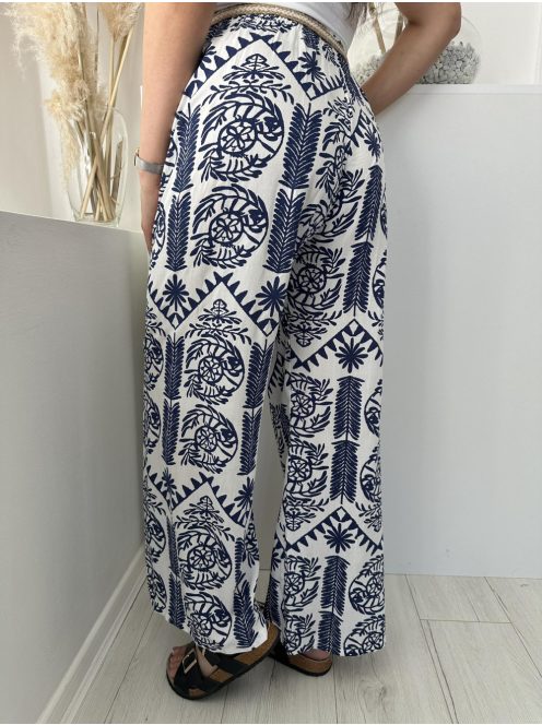 Nem rugalmas anyagú, lenvászon hatású, gumis derekú, egyenes szárú, lenge öves nadrág. (XS-M méretre ajánljuk.)