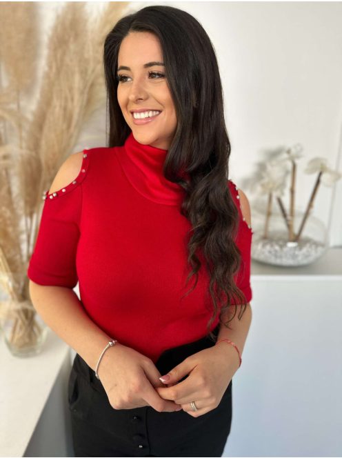 Rugalmas, puha, vékony, kötött anyagú, vállán nyitott, gyöngyökkel díszített, hosszú ujjú felső. (S-L méretre ajánljuk.)