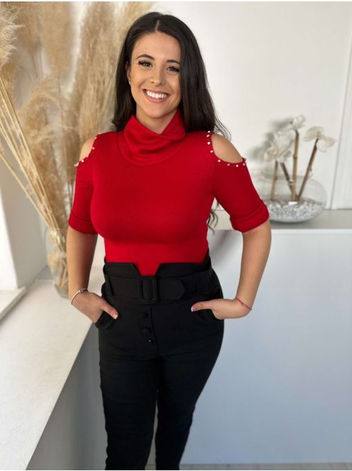 Rugalmas, puha, vékony, kötött anyagú, vállán nyitott, gyöngyökkel díszített, hosszú ujjú felső. (S-L méretre ajánljuk.)