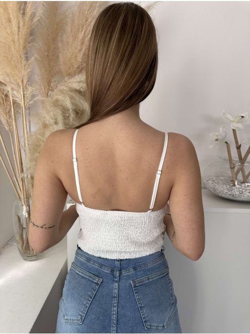 Rövid derekú, szivacsbetétes, állítható pántú, hátán gumírozott, csipke felső. (S-M méretre ajánljuk.)