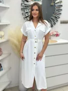 Lenge fazonú, gombos, díszzsebes, nem rugalmas anyagú, csinos ruha övvel. (S-L méretre ajánljuk.)