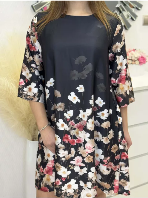 Szatén hatású, mintás, zsebes ruha