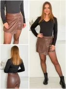 Átlapolt, műbőr skort