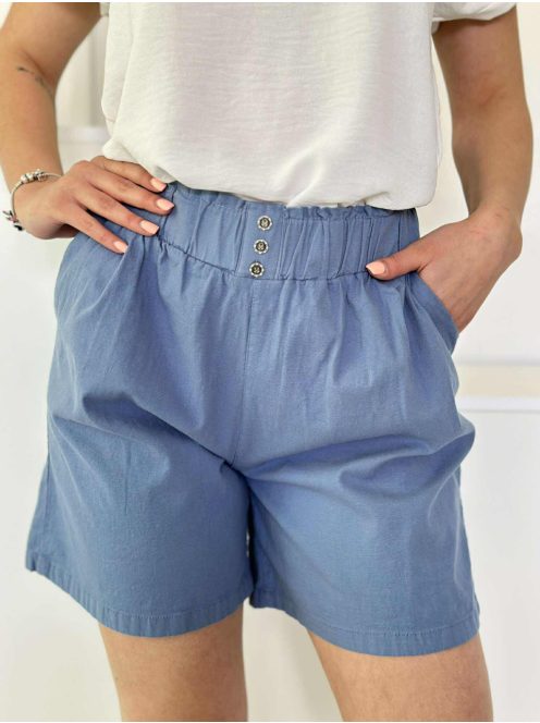 Rugalmas anyagú, lenvászon hatású, magas, gumis derekú, zsebes rövidnadrág. A modell S/M méretet visel. (S-XXL méretekben)