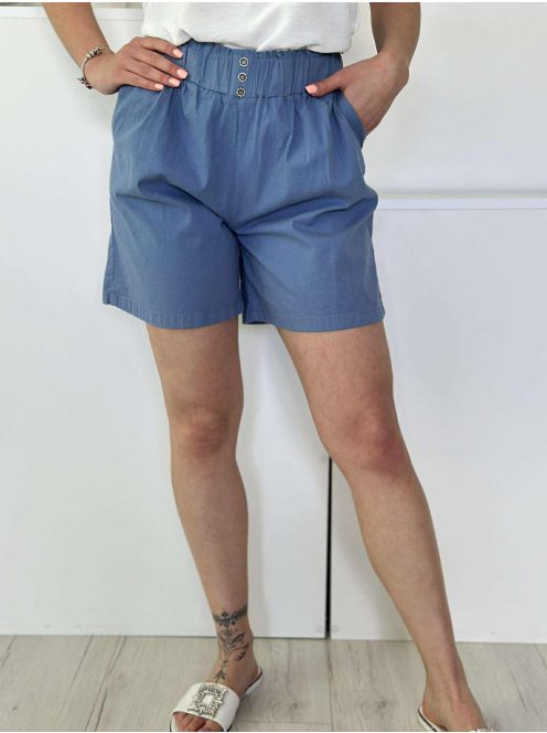 Rugalmas anyagú, lenvászon hatású, magas, gumis derekú, zsebes rövidnadrág. A modell S/M méretet visel. (S-XXL méretekben)