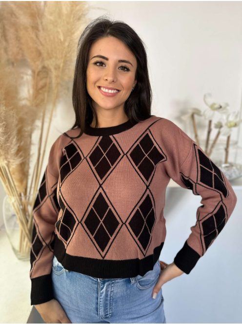 Rugalmas, mintás, kerek nyakú, rövid derekú, kötött pulóver. (S-L méretre ajánljuk.)