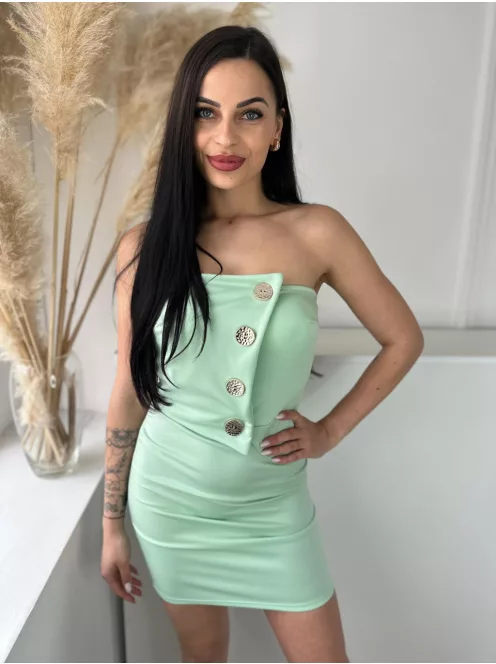 Rugalmas anyagú, szivacsbetétes, mellrésznél gumírozott, átlapolt, díszgombos, pánt nélküli ruha. (XS - M méretre ajánljuk)