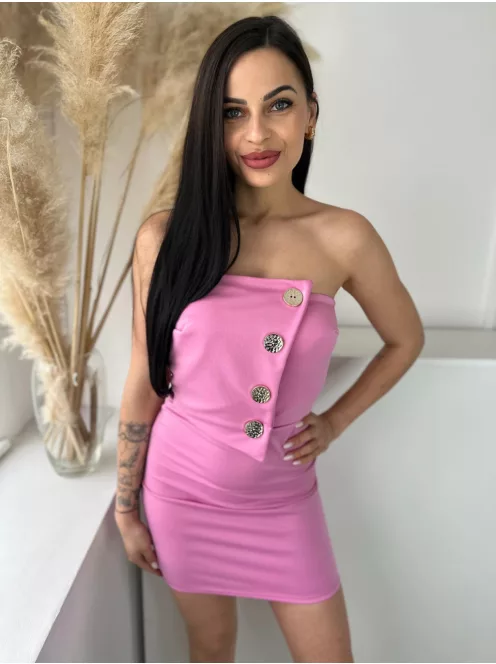 Rugalmas anyagú, szivacsbetétes, mellrésznél gumírozott, átlapolt, díszgombos, pánt nélküli ruha. (XS - M méretre ajánljuk)