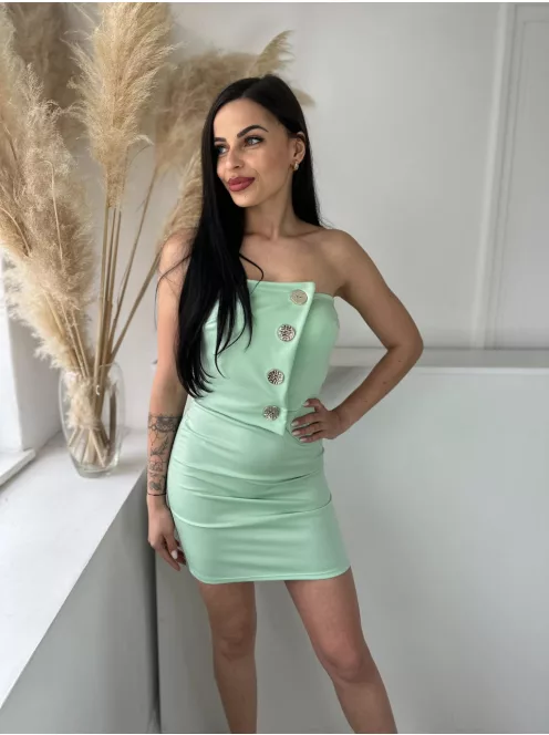 Rugalmas anyagú, szivacsbetétes, mellrésznél gumírozott, átlapolt, díszgombos, pánt nélküli ruha. (XS - M méretre ajánljuk)