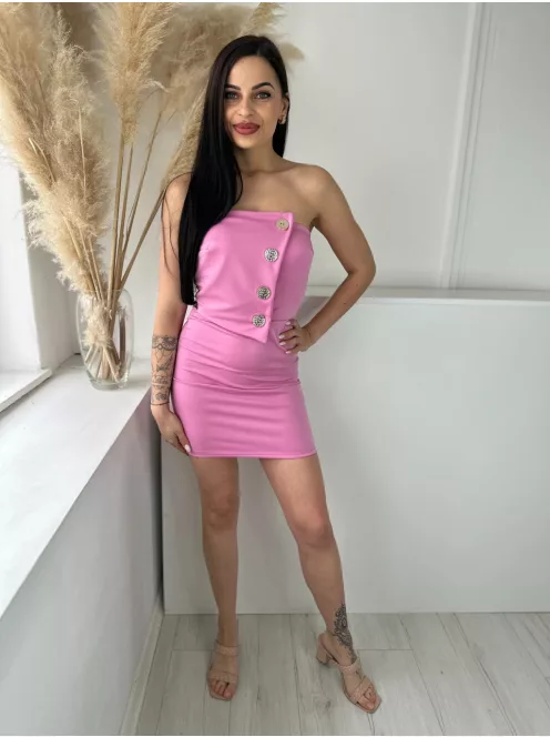 Rugalmas anyagú, szivacsbetétes, mellrésznél gumírozott, átlapolt, díszgombos, pánt nélküli ruha. (XS - M méretre ajánljuk)