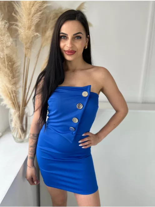 Rugalmas anyagú, szivacsbetétes, mellrésznél gumírozott, átlapolt, díszgombos, pánt nélküli ruha. (XS - M méretre ajánljuk)