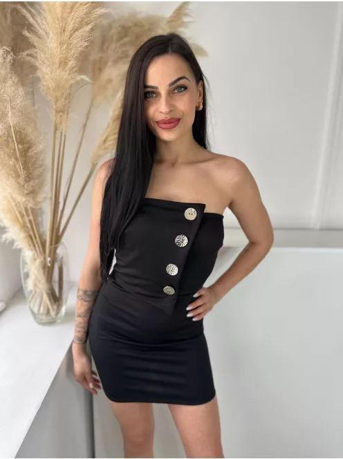 Rugalmas anyagú, szivacsbetétes, mellrésznél gumírozott, átlapolt, díszgombos, pánt nélküli ruha. (XS - M méretre ajánljuk)