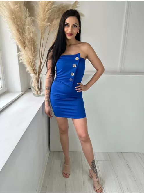 Rugalmas anyagú, szivacsbetétes, mellrésznél gumírozott, átlapolt, díszgombos, pánt nélküli ruha. (XS - M méretre ajánljuk)