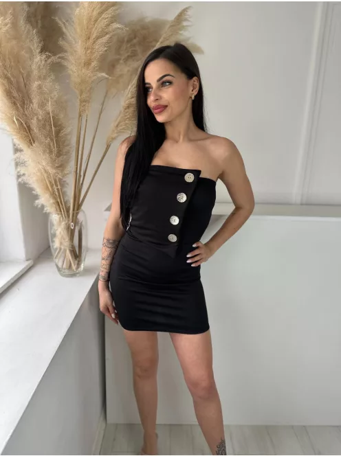 Rugalmas anyagú, szivacsbetétes, mellrésznél gumírozott, átlapolt, díszgombos, pánt nélküli ruha. (XS - M méretre ajánljuk)