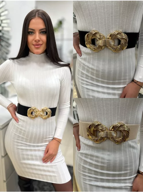 Rugalmas, vastag, gumis, állítható méretű, fém csatos öv.