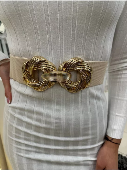 Rugalmas, vastag, gumis, állítható méretű, fém csatos öv.