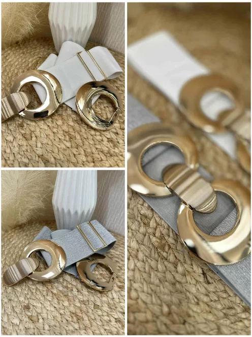 Rugalmas, vastag, gumis, állítható méretű, fém csatos öv.