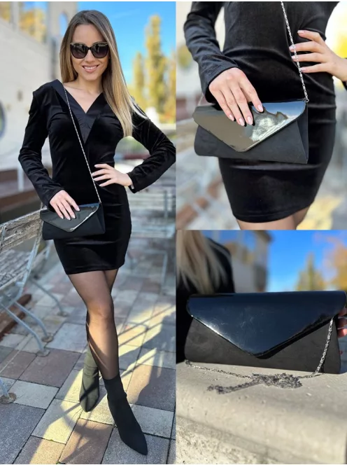 Lakkozott, merev fazonú, láncos alkalmi táska. Szélesség:25cm, Magasság: 12cm.