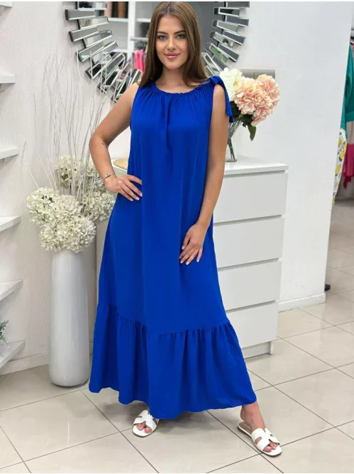 Lenge fazonú, nyakán gumis, megkötős maxiruha. (S-XL méretre ajánljuk.)