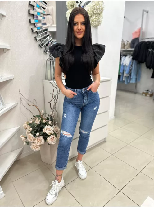 NEM RUGALMAS anyagú, szaggatott, normál derekú, zsebes, mom fit fazonú farmernadrág. VIGYÁZZ KIS MÉRETEZÉS! A Modell L méretet visel. (Egy vagy két mérettel nagyobbat ajánlunk!)