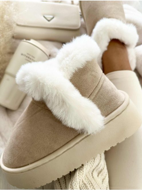 Velúr hatású, belül puha, bundás, belebújós bokacsizma.