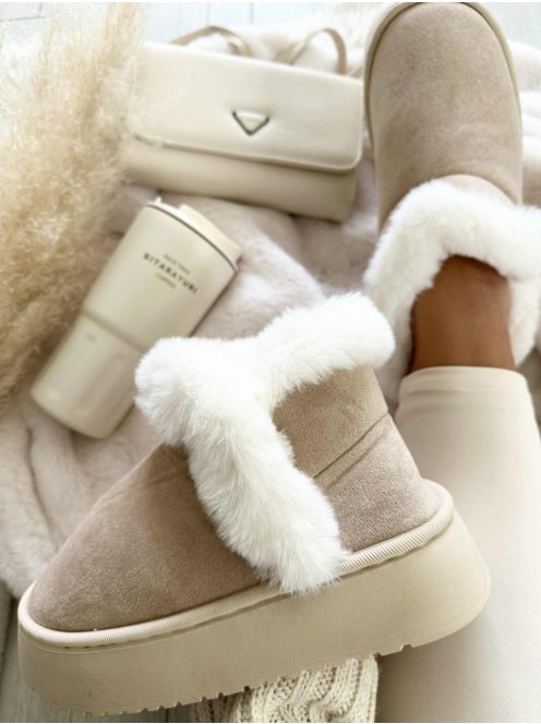 Velúr hatású, belül puha, bundás, belebújós bokacsizma.