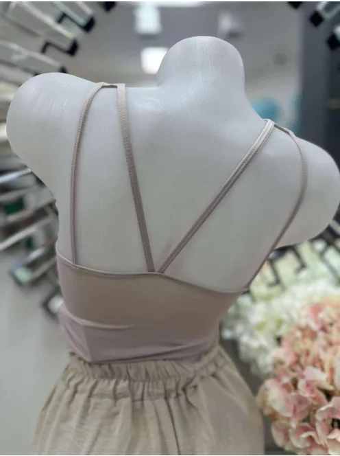 Rugalmas anyagú, mikroszálas, belevarrt, push up, szivacsbetétes, keresztpántos top. M/L és XL/XXL méretekben.