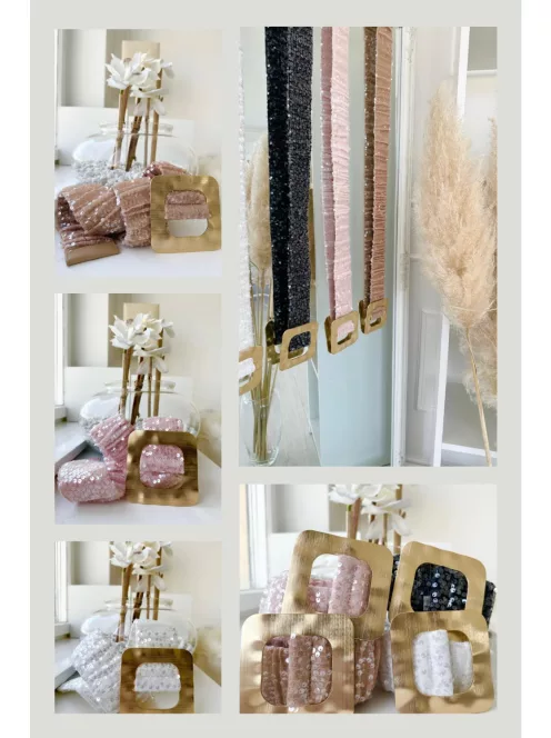 Extra rugalmas, flitterekkel díszített fémcsatos öv.