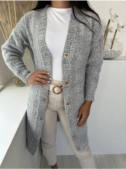 Pihe-puha, rugalmas, kötött, gombos, hosszított kardigán. (S-XL méretre ajánljuk.)