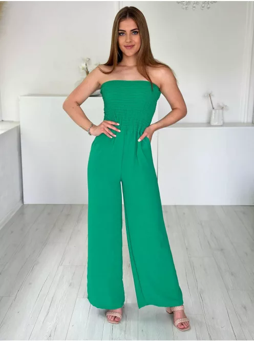 Lenge, egyenes szárú, felsú része gumírozott, nem rugalmas anyagú, zsebes, pánt nélküli overál. (S-L méretre ajánljuk.)