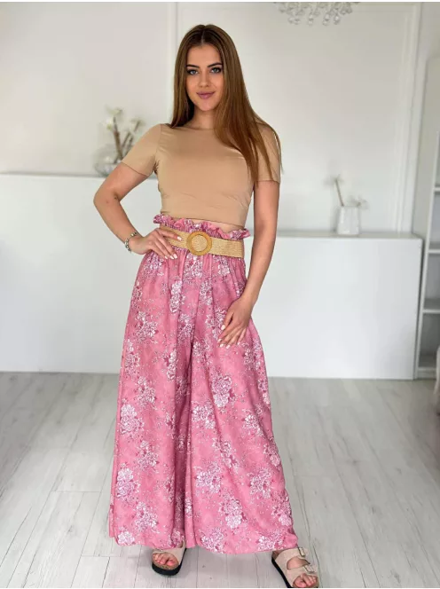 Lenge fazonú, lenvászon hatású, magas, gumis derekú, nem rugalmas anyagú, mintás nadrág övvel. (S-L méretre ajánljuk.)