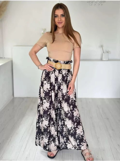 Lenge fazonú, lenvászon hatású, magas, gumis derekú, nem rugalmas anyagú, mintás nadrág övvel. (S-L méretre ajánljuk.)