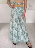 Lenge fazonú, lenvászon hatású, magas, gumis derekú, nem rugalmas anyagú, mintás nadrág övvel. (S-L méretre ajánljuk.)