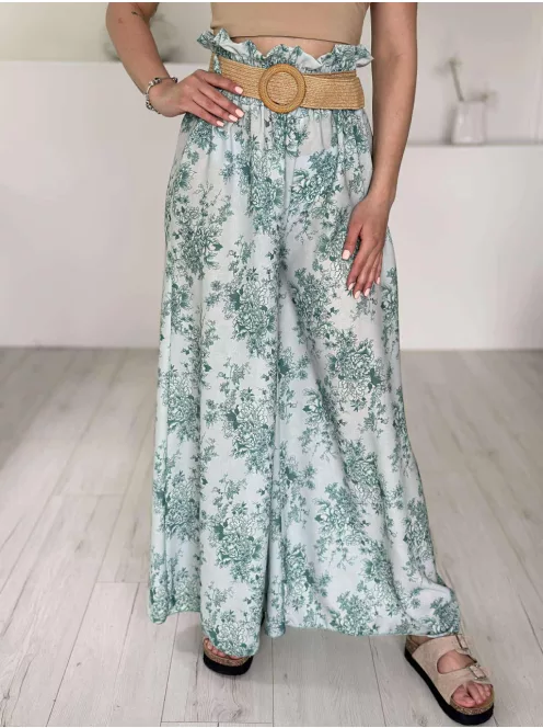 Lenge fazonú, lenvászon hatású, magas, gumis derekú, nem rugalmas anyagú, mintás nadrág övvel. (S-L méretre ajánljuk.)