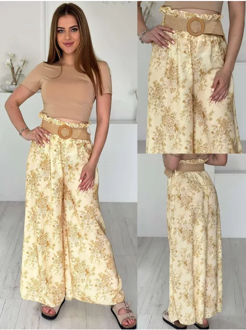 Lenge fazonú, lenvászon hatású, magas, gumis derekú, nem rugalmas anyagú, mintás nadrág övvel. (S-L méretre ajánljuk.)