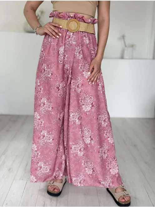 Lenge fazonú, lenvászon hatású, magas, gumis derekú, nem rugalmas anyagú, mintás nadrág övvel. (S-L méretre ajánljuk.)