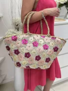 Nagyméretű, merev fazonú, cipzáras, flitteres, nyári, fonott, rattan táska. 54 x 30 x 16 cm.