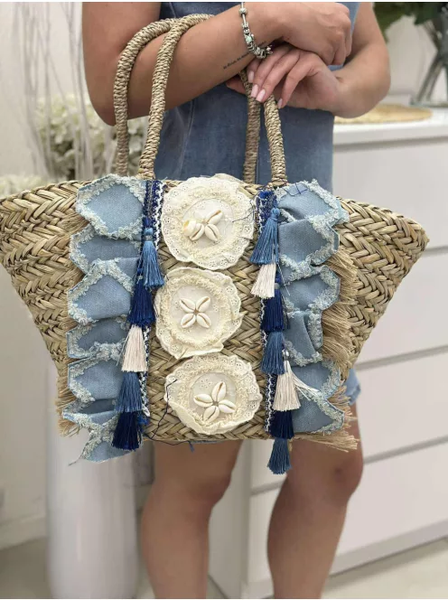 Nagyméretű, merev fazonú, cipzáras, kagylóval díszített, nyári, fonott, rattan táska. 53 x 29 x 17 cm.